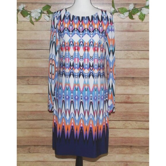 Vince Camuto Long Sleeve Geo Pattern Shift Dress Size 8 Office Career Bold Color - Picture 1 of 12
